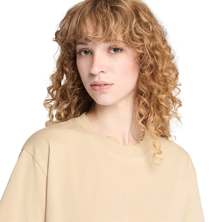 T-shirt Donna Maniche Corte Lush Beige dettaglio modella frontale