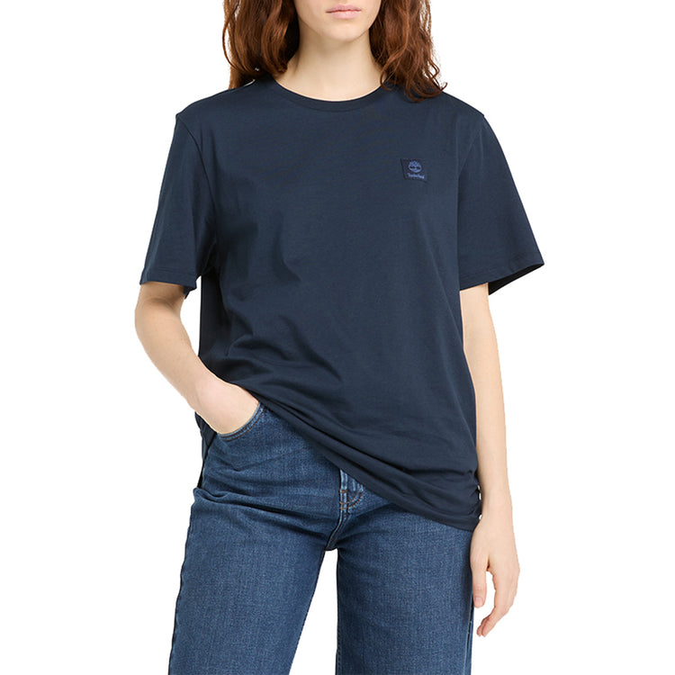 T-shirt Unisex Woven Badge Blu scuro modella frontale