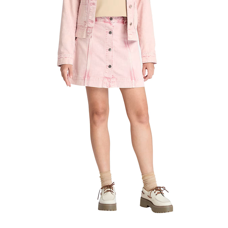 Minigonna Donna con bottoni Rosa modella frontale