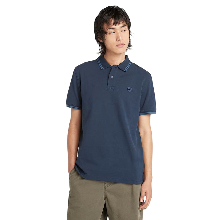 Polo Piqué Uomo con Riga Millers River Blu scuro modello frontale