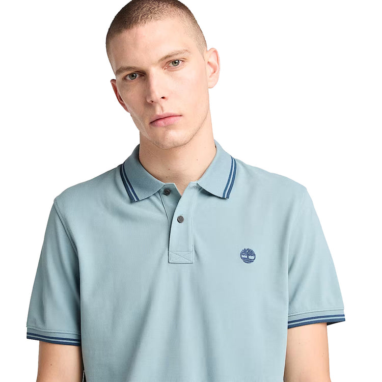 Polo Piqué Uomo con Riga Millers River Celeste dettaglio frontale