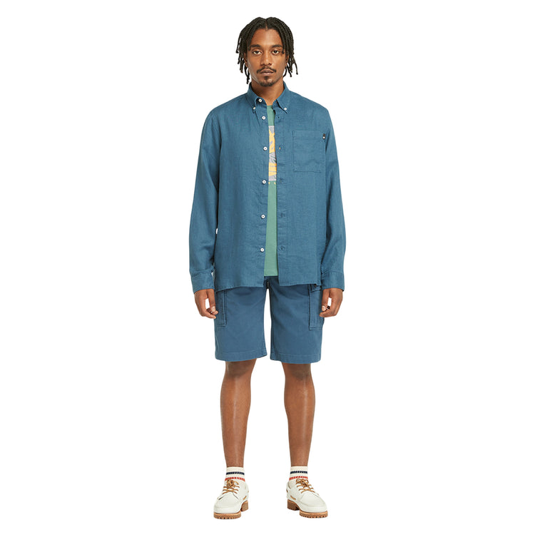 Camicia Uomo Mill Brook in lino con taschino Blu modello frontale