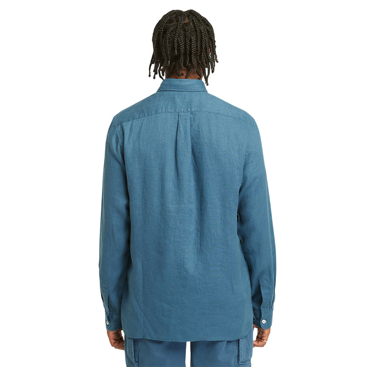 Camicia Uomo Mill Brook in lino con taschino Blu modello retro