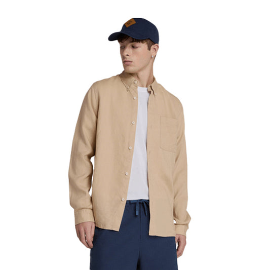 Camicia Uomo Mill Brook in lino con taschino Beige modello frontale