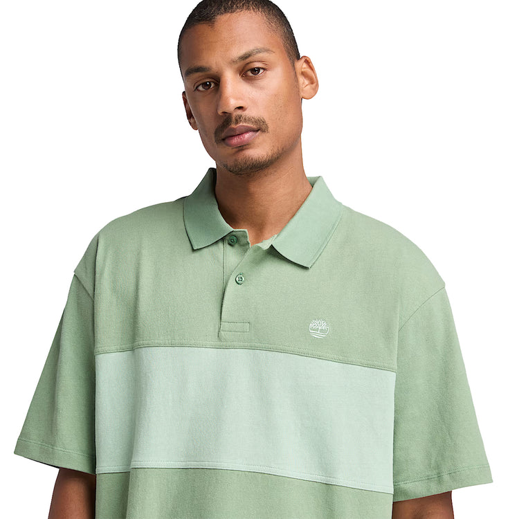 Polo Uomo Stile Rugby blocchi di Colore Verde modello frontale ravvicinato