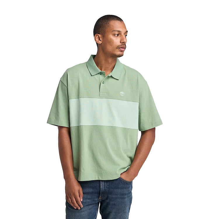 Polo Uomo Stile Rugby blocchi di Colore Verde modello frontale