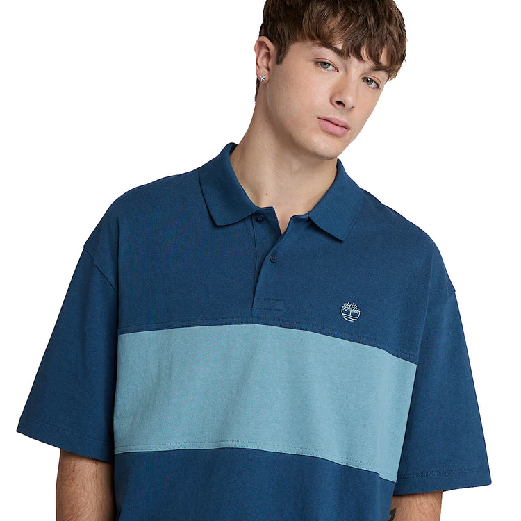 Polo Uomo Stile Rugby blocchi di colore Blu modello frontale ravvicinato