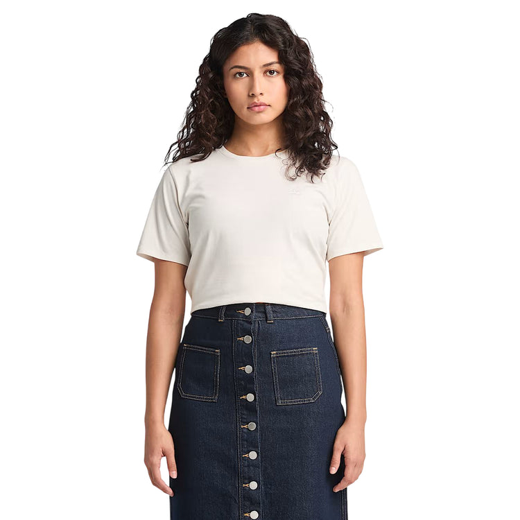 T-shirt Dunstan da Donna in bianco modella frontale