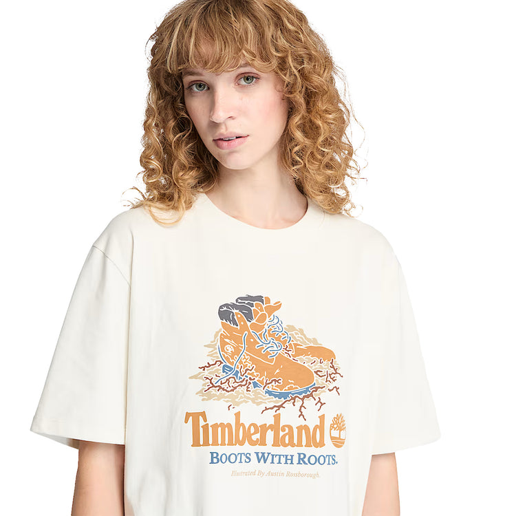 T-shirt Unisex con grafica frontale Bianco modella frontale ravvicinata