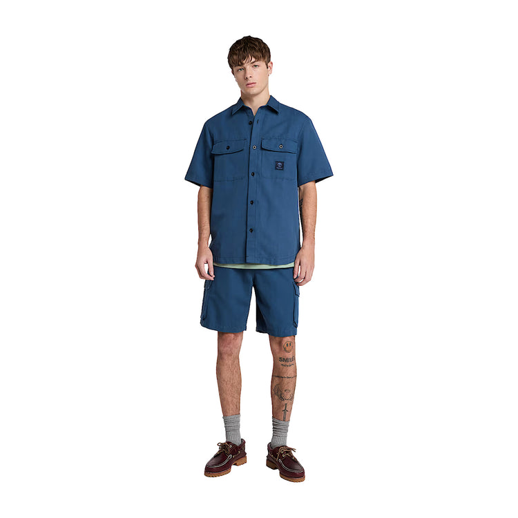 Shorts Uomo Utility in Cotone e Lino Blu scuro modello intero frontale
