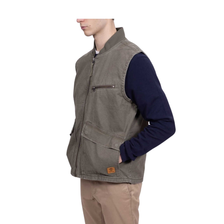 Gilet Uomo in tela effetto lavato Verde militare modello laterale