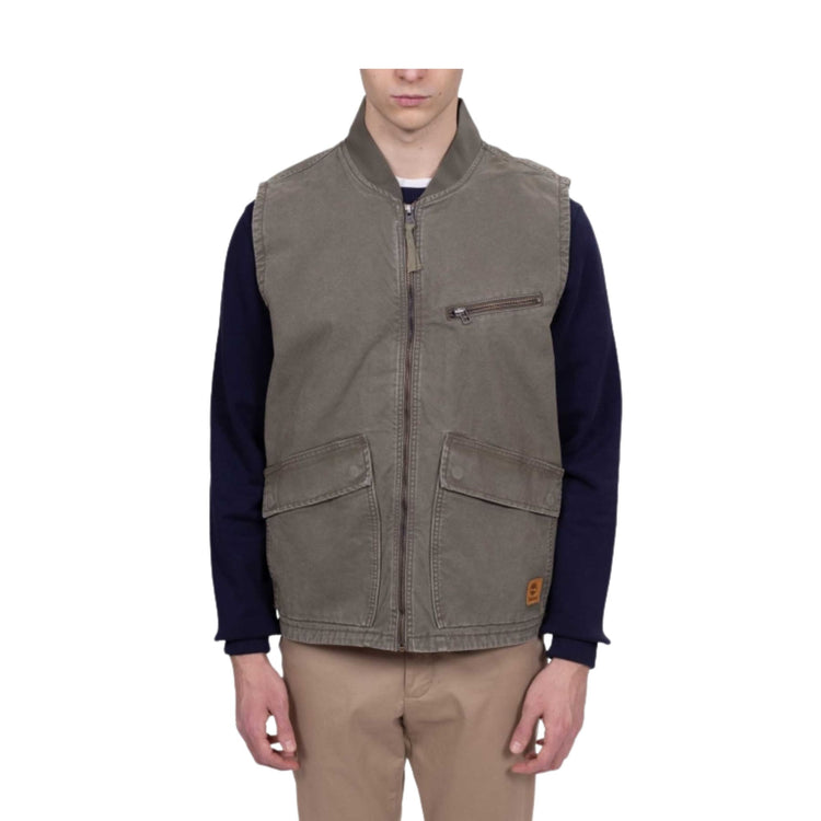 Gilet Uomo in tela effetto lavato Verde militare modello frontale