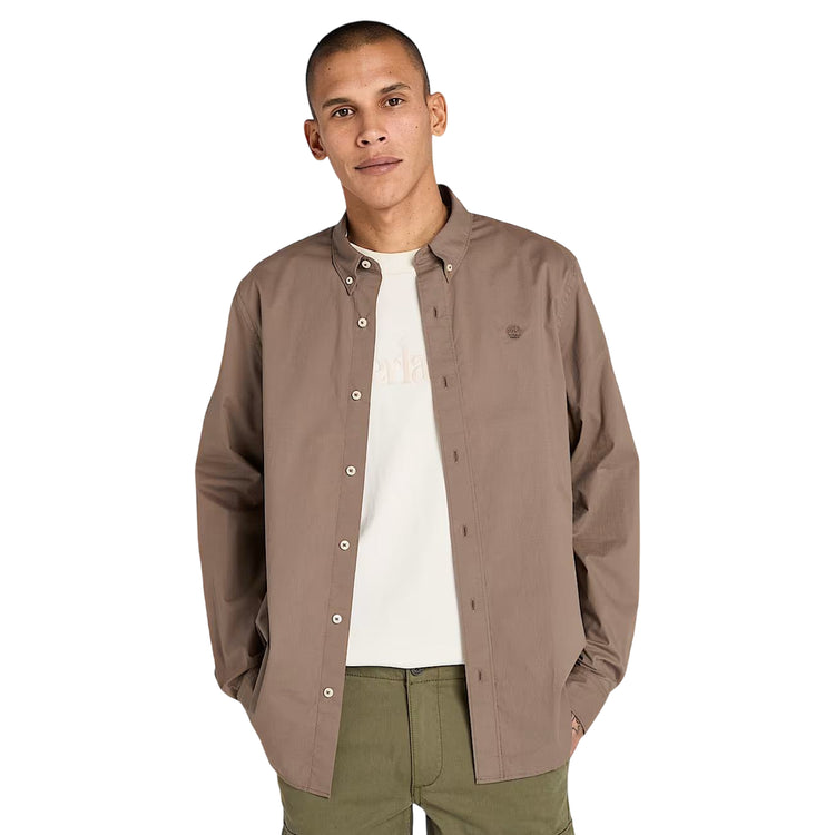Camicia Uomo in popeline elasticizzato Marrone modello frontale