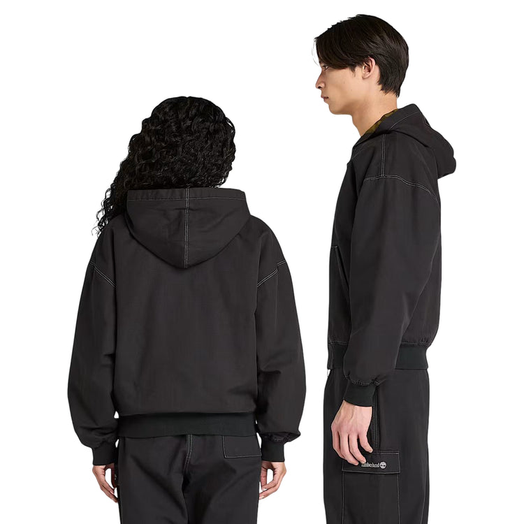 Bomber Unisex in Tela Duck Effetto Lavato Nero modello laterale e modella retro