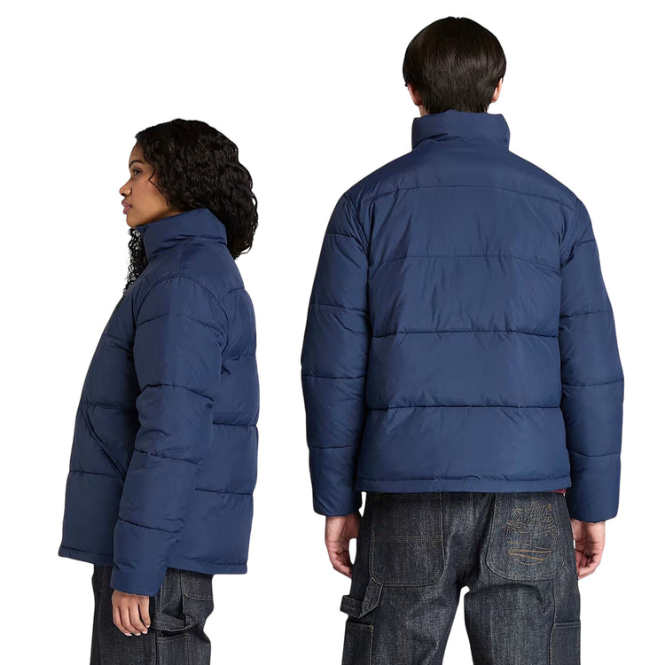 Giubbotto Puffer Invernale Unisex Blu modello retro e modella laterale