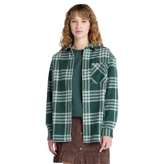 Camicia Donna in flanella con tasca Verde scuro modella frontale