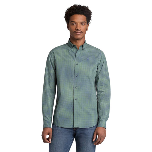 Camicia di cotone a micro quadri in verde scuro con logo ricamato