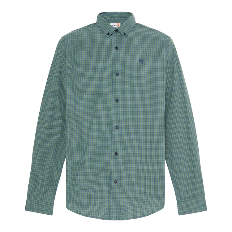 Camicia di cotone a micro quadri in verde scuro con logo ricamato
