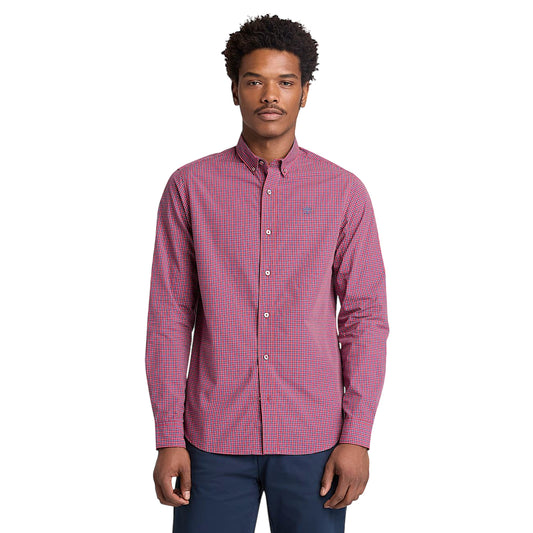 Camicia in cotone con micro quadri e logo ricamato in rosso