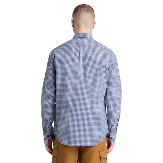 Camicia di cotone con micro quadri logo ricamato in blu chiaro