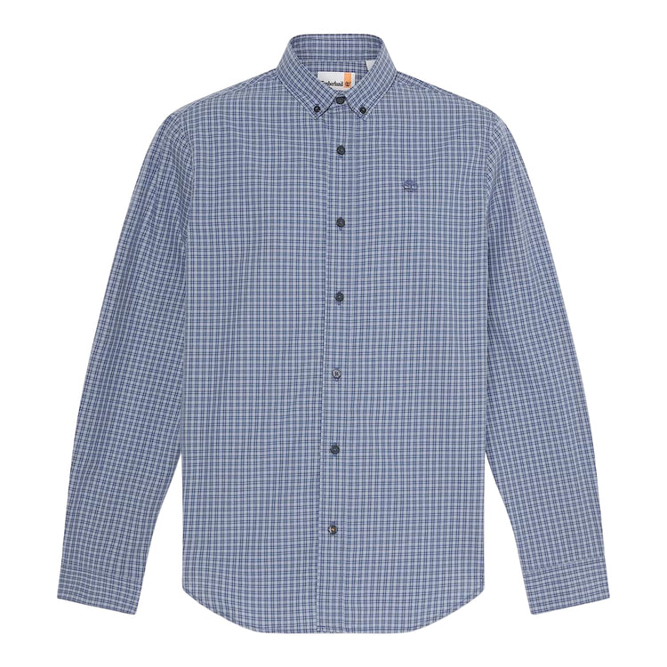 Camicia di cotone con micro quadri logo ricamato in blu chiaro