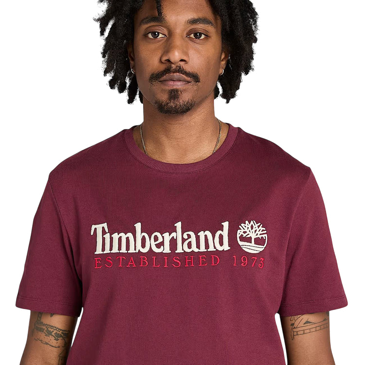 T-shirt Uomo con logo ricamato Established 1973 Bordeaux modello frontal ravvicinato