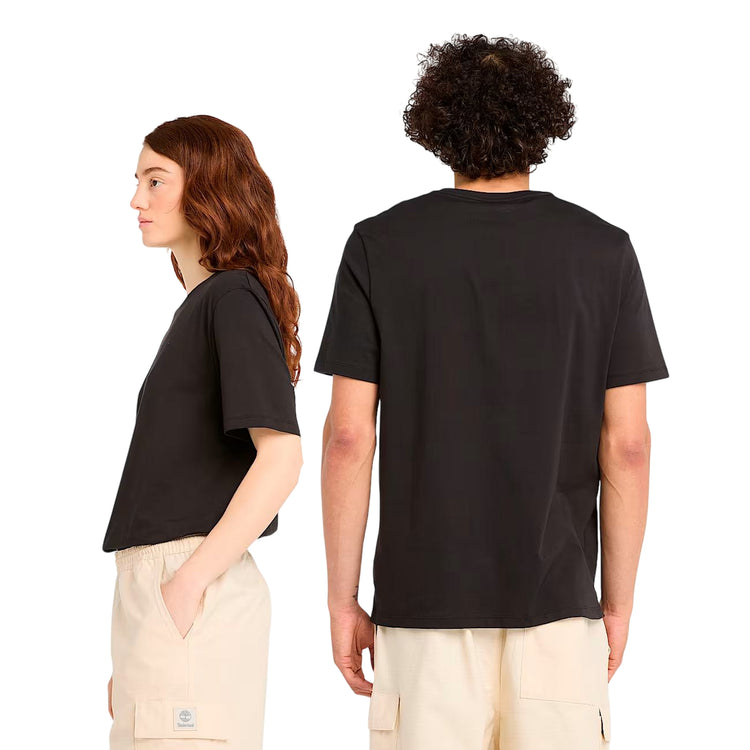 T-shirt Unisex Nera con piccolo logo stampato modella laterale e modello retro