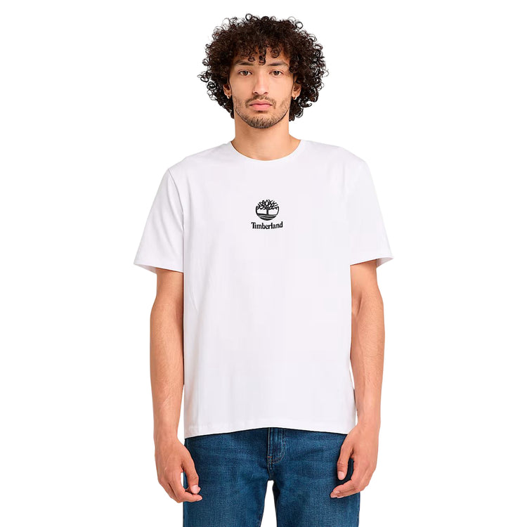 T-shirt Unisex Bianca con piccolo logo stampato modello frontale