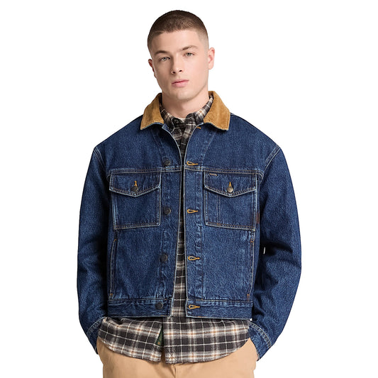 Giacca Uomo Trucker in denim blu scuro modello frontale