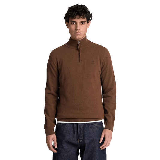 Maglione Uomo con zip 1/4 Cohas Brook Marrone modello frontale