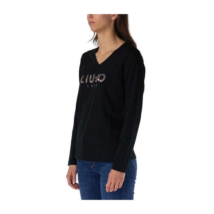 T-shirt Donna Nero con scollo a V modella laterale