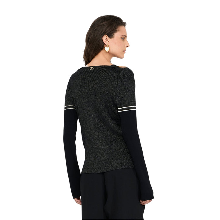 Cardigan Donna lurex a coste con dettagli pizzo modella retro