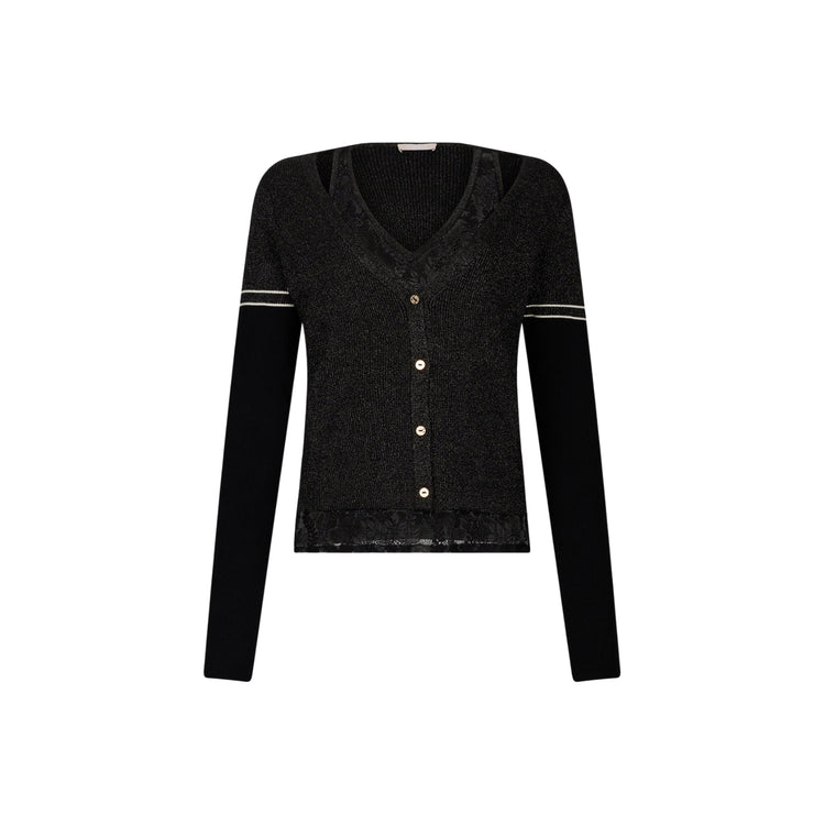 Cardigan Donna lurex a coste con dettagli pizzo