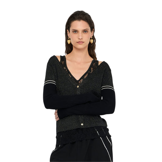 Cardigan Donna lurex a coste con dettagli pizzo modella frontale