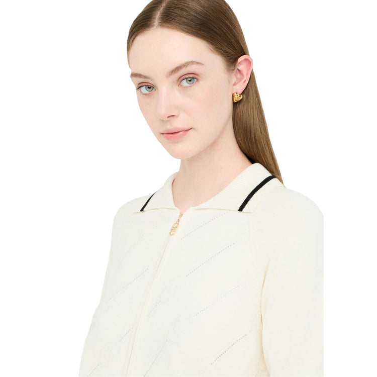 Cardigan Donna con collo a camicia e zip modella frontale ravvicinata