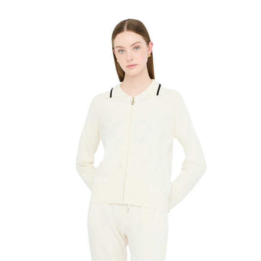 Cardigan Donna con collo a camicia e zip modella frontale