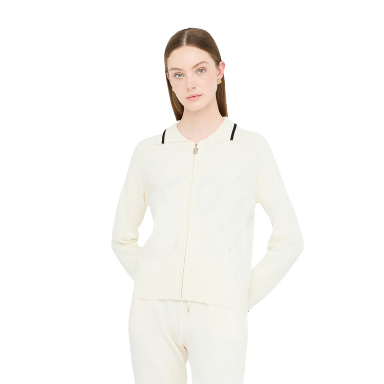 Cardigan Donna con collo a camicia e zip modella frontale