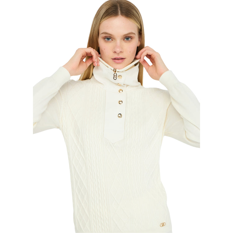 Maglia Donna a collo alto con zip e bottoni modella frontale ravvicinata