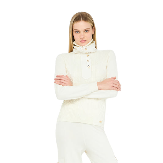 Maglia Donna a collo alto con zip e bottoni modella frontale