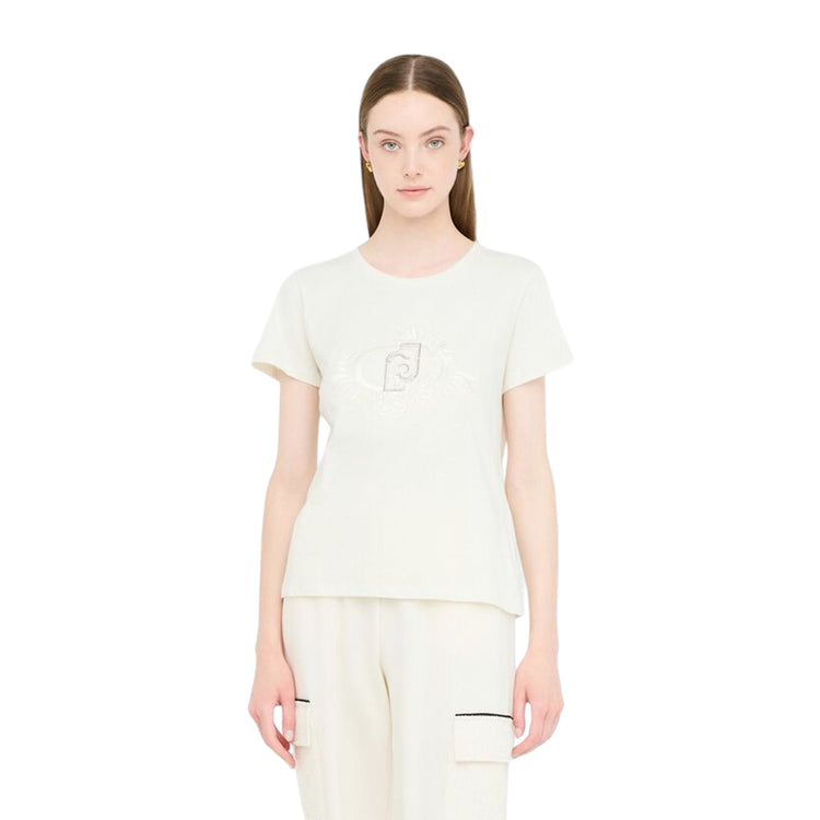 T-shirt Donna con motivo floreale con strass e logo modella frontale