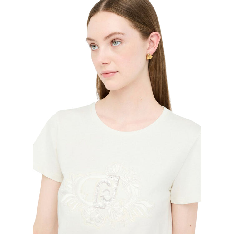 T-shirt Donna con motivo floreale con strass e logo modella frontale ravvicinata