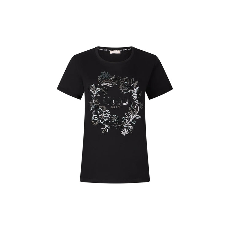 T-shirt Donna in nero con motivo floreale frontale