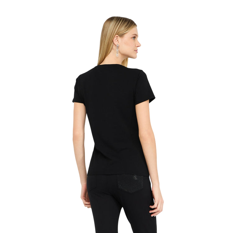 T-shirt Nera Donna con logo luminoso con strass modella retro