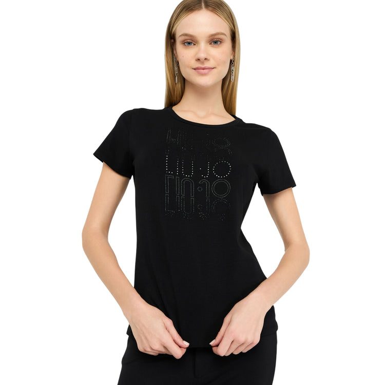 T-shirt Nera Donna con logo luminoso con strass modella frontale ravvicinata