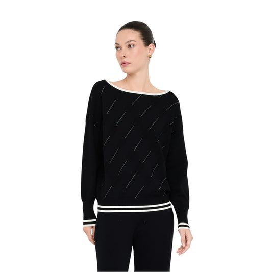 Maglia Donna con dettagli a contrasto e strass modella frontale