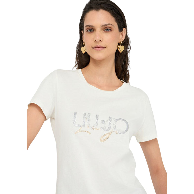 T-shirt Donna in cotone con logo luminoso modella frontale ravvicinata