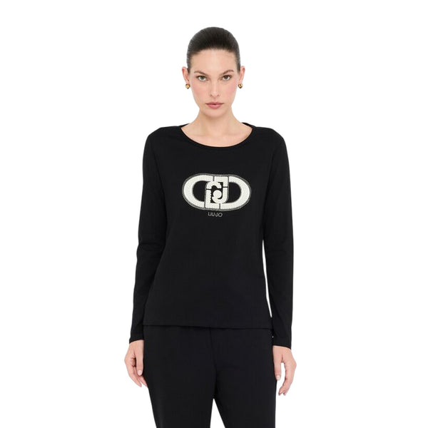 T-shirt Donna a maniche lunghe con logo modella frontale
