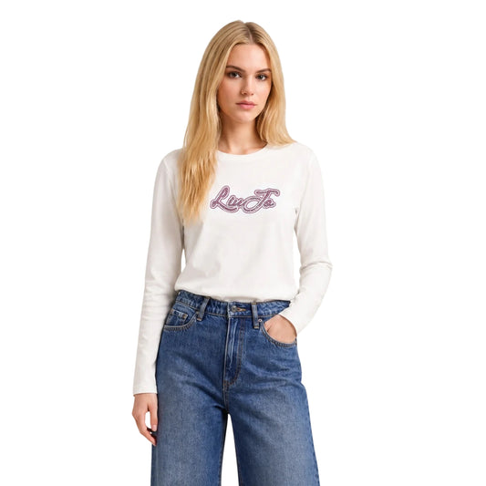 T-shirt Donna con logo e manica lunga Bianco modella frontale