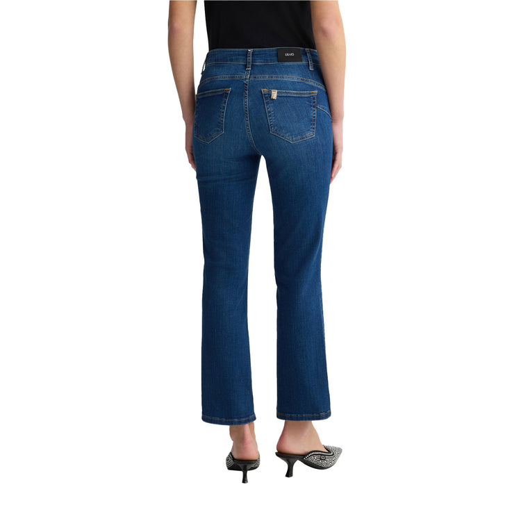 Jeans Donna bootcut a vita alta denim scuro modella retro