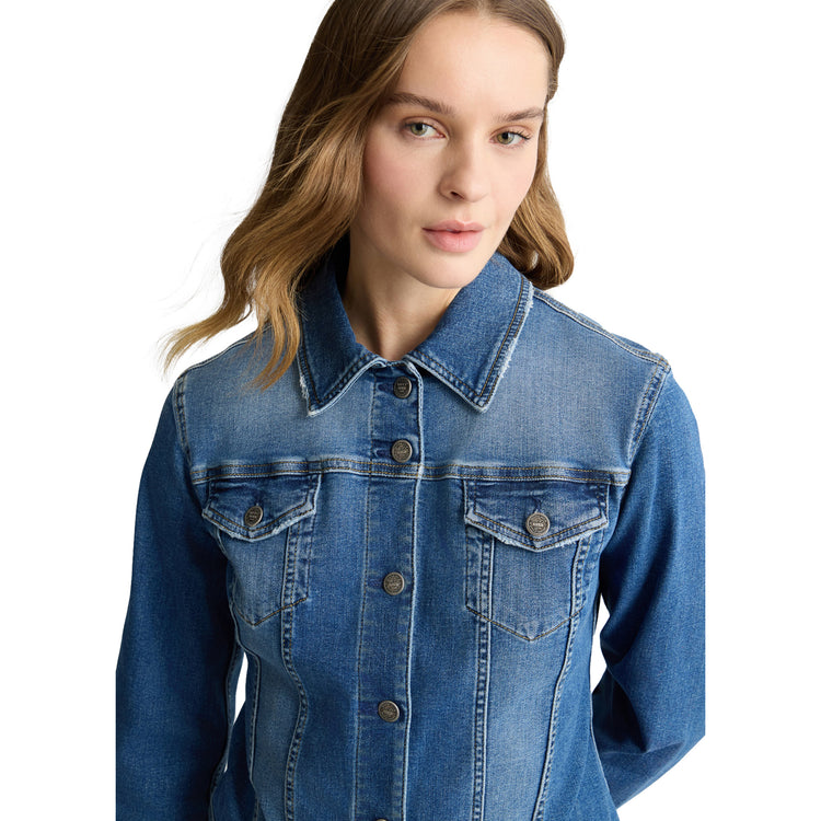 Giacca Donna in denim di cotone stretch modella frontale ravvicinata